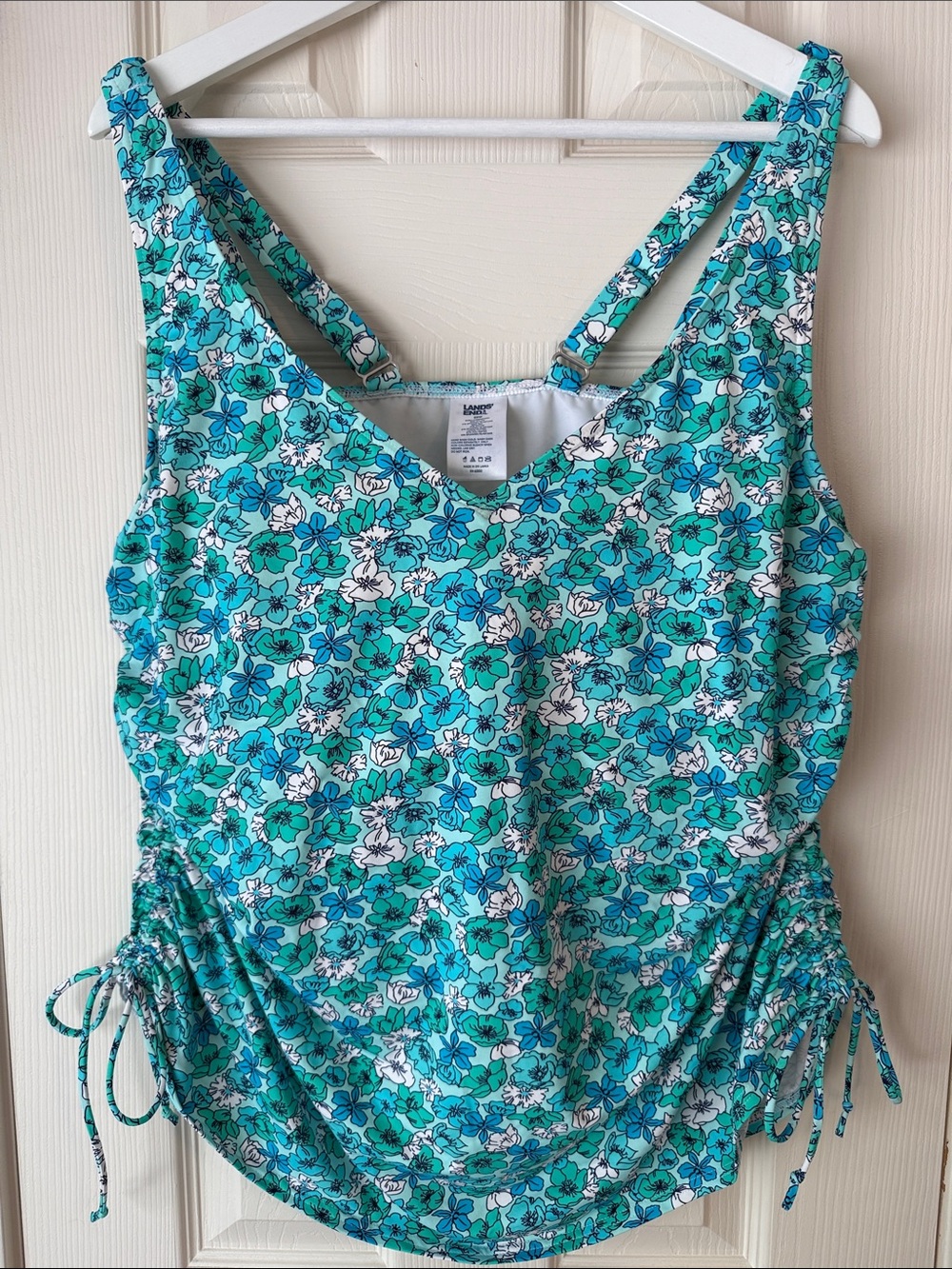Lands' End Teal and White Floral Swimsuit Top with Side Drawstrings